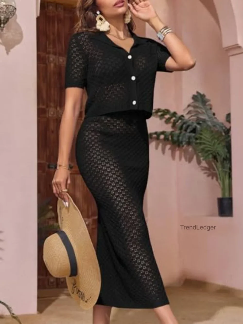 Crochet Knit Crop Top & Bodycon Long Skirt 2 Piece Cover Up Set - Picture 4 of 7